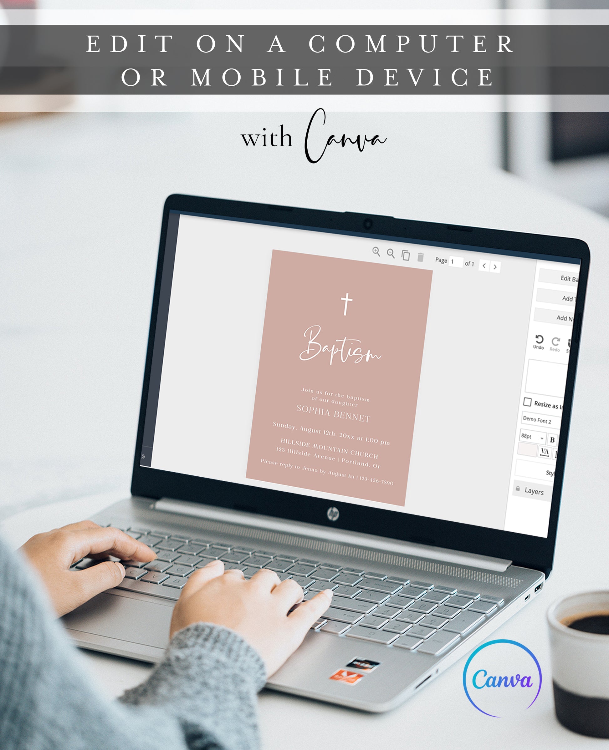 Pink dusty rose girl baptism invitation template with white cross and elegant script typography, editable in Canva