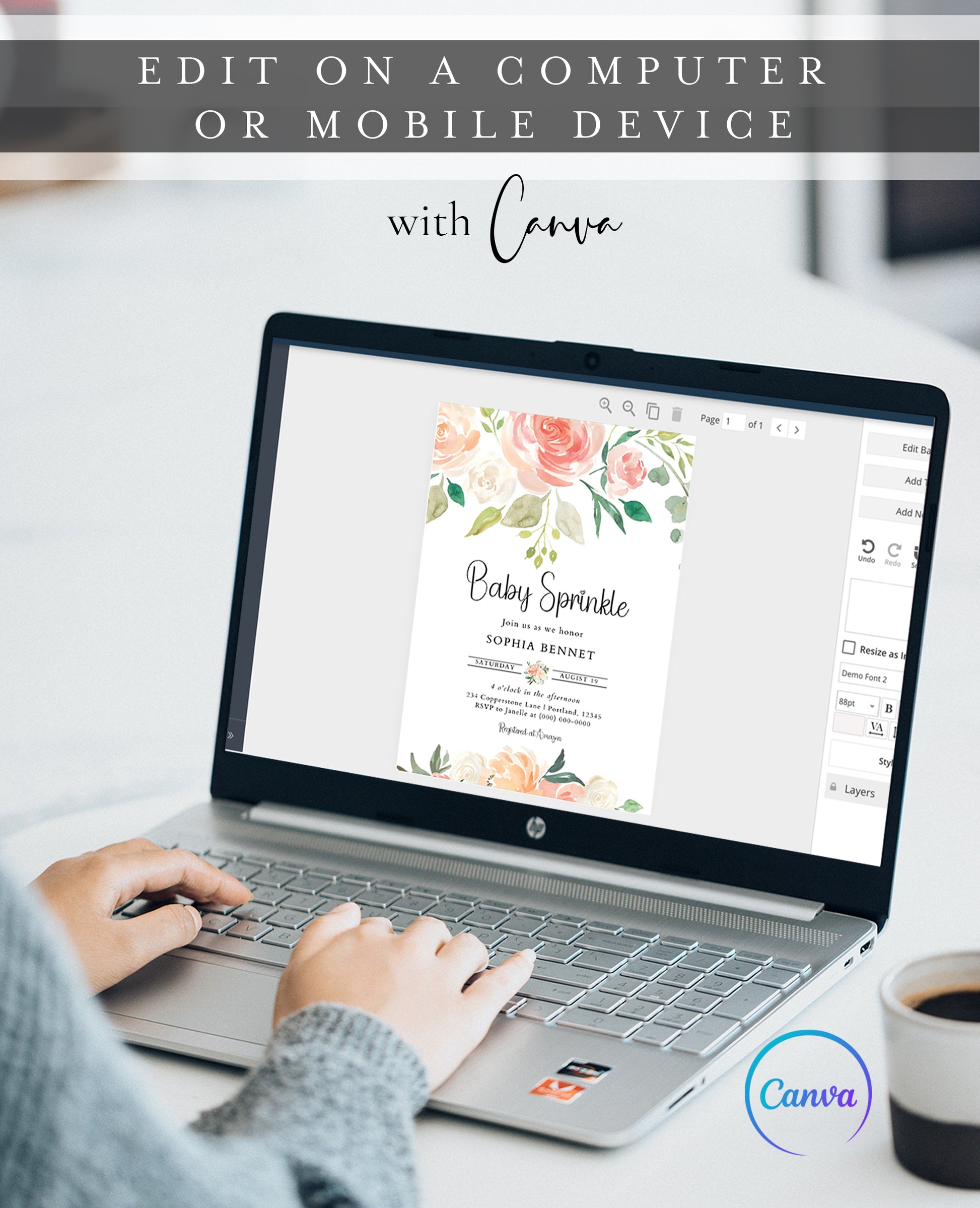 Editable peach floral baby sprinkle invitation template with watercolor roses and peonies in blush, peach, and cream, customizable in Canva