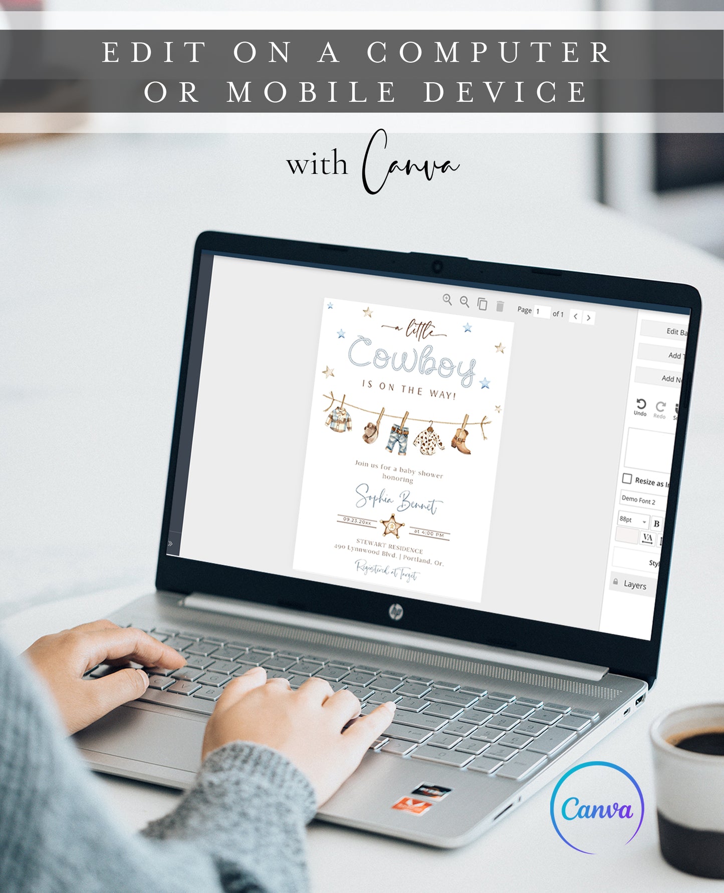 Little cowboy baby shower invitation template with watercolor western elements including boots, cowboy hat, and sheriff star badge, editable in Canva