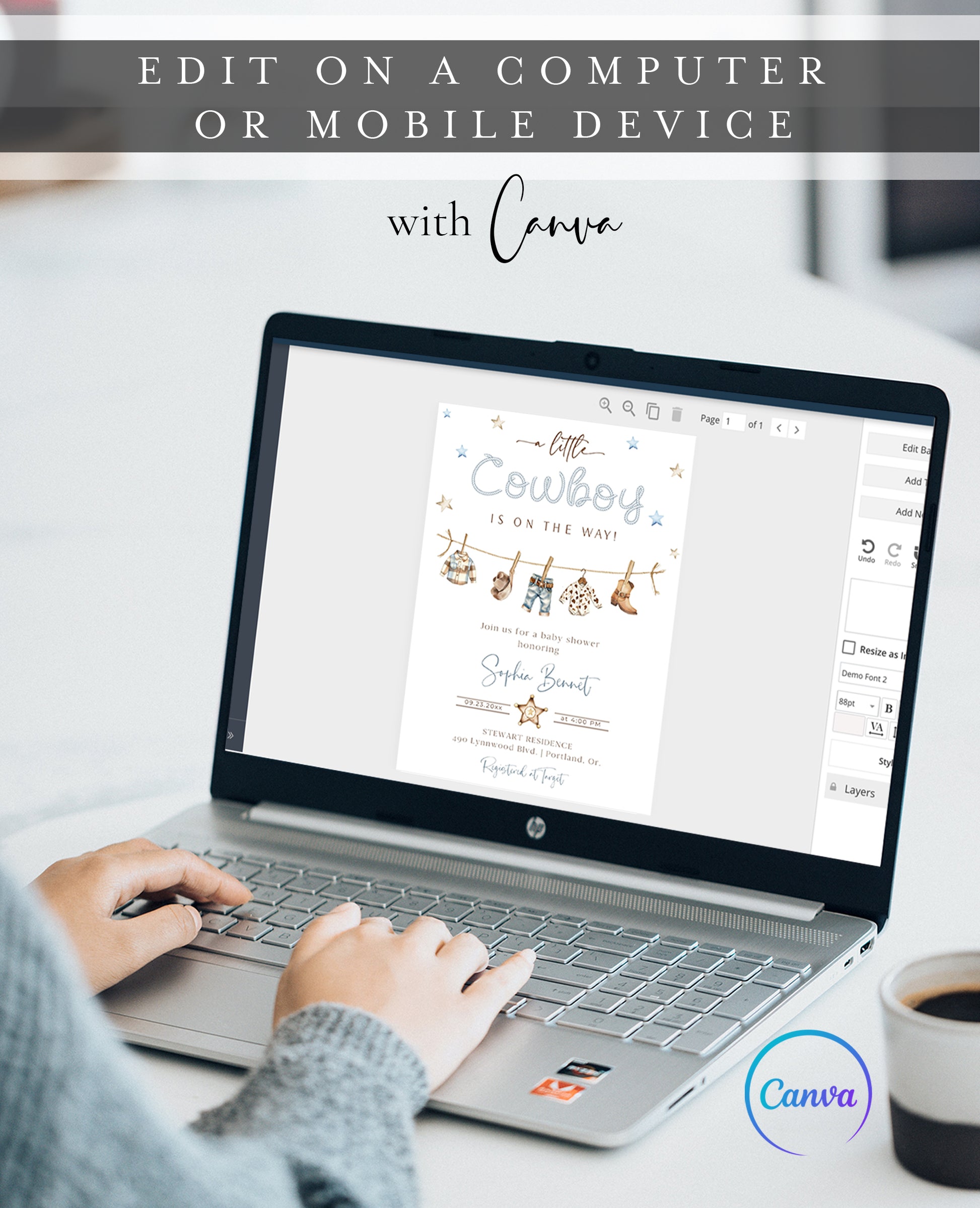 Little cowboy baby shower invitation template with watercolor western elements including boots, cowboy hat, and sheriff star badge, editable in Canva