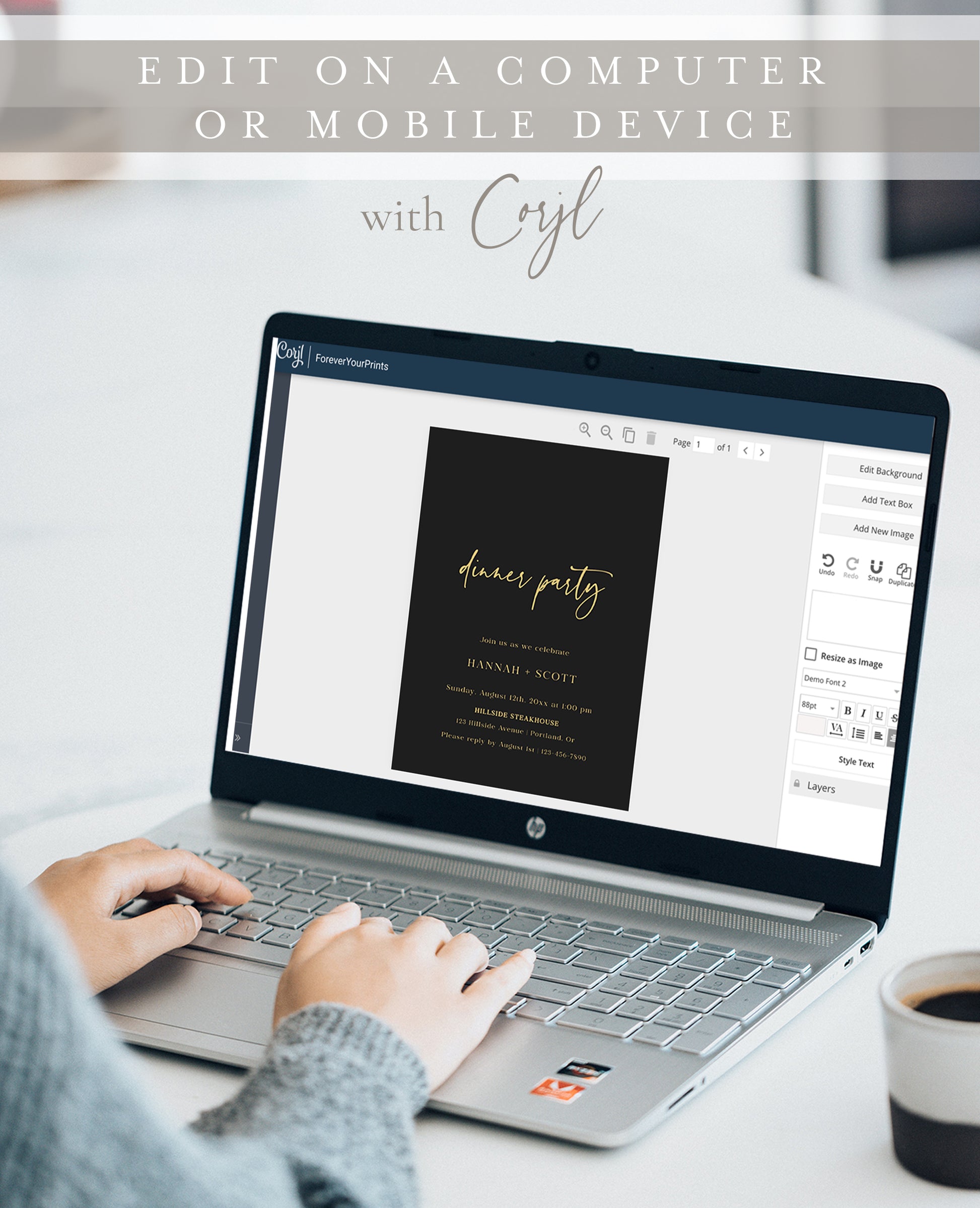 Formal dinner party invitation with gold script on black background, perfect for elegant upscale events | www.foreveryourprints.com