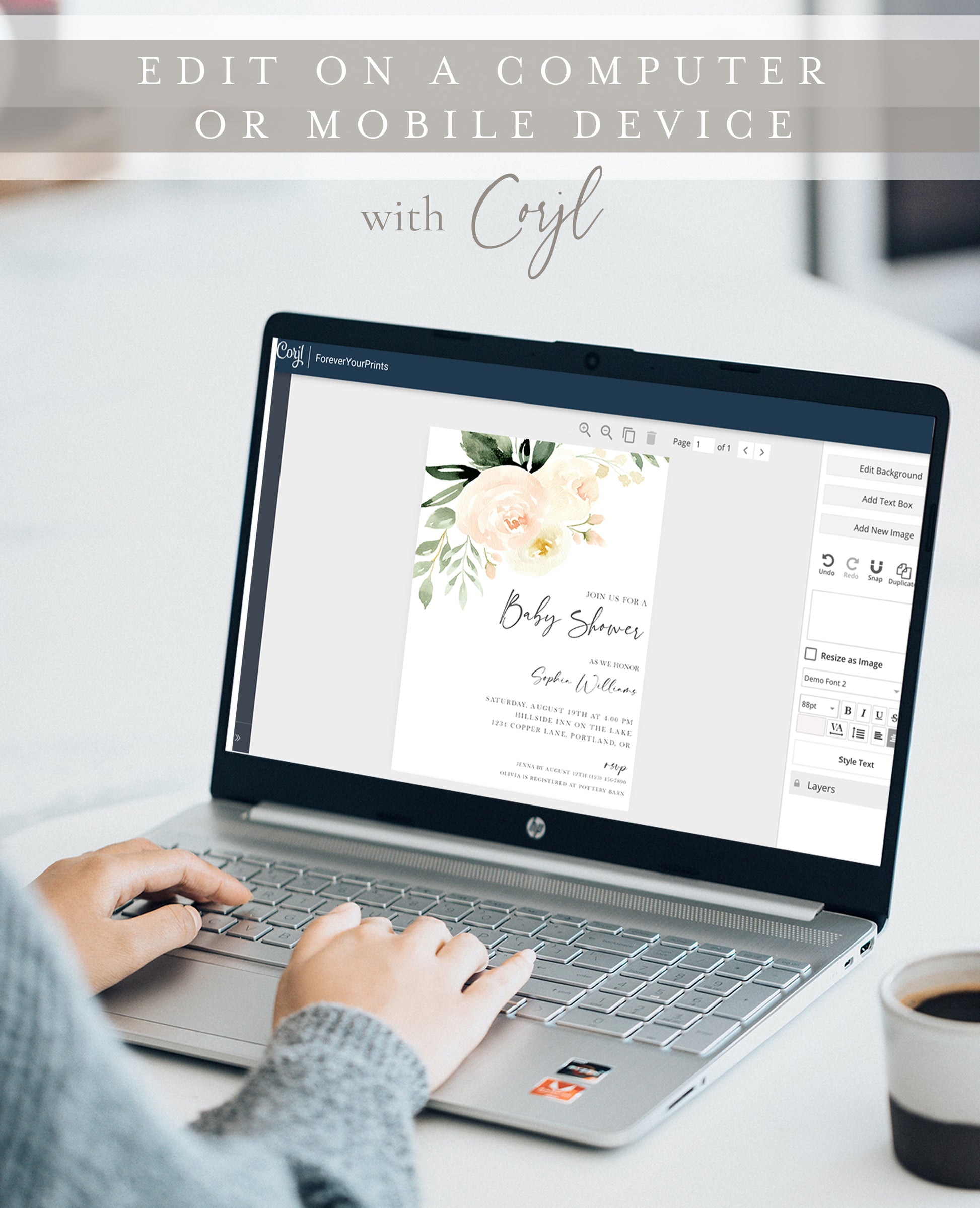 Modern baby shower invite with elegant watercolor flowers | www.foreveryourprints.com