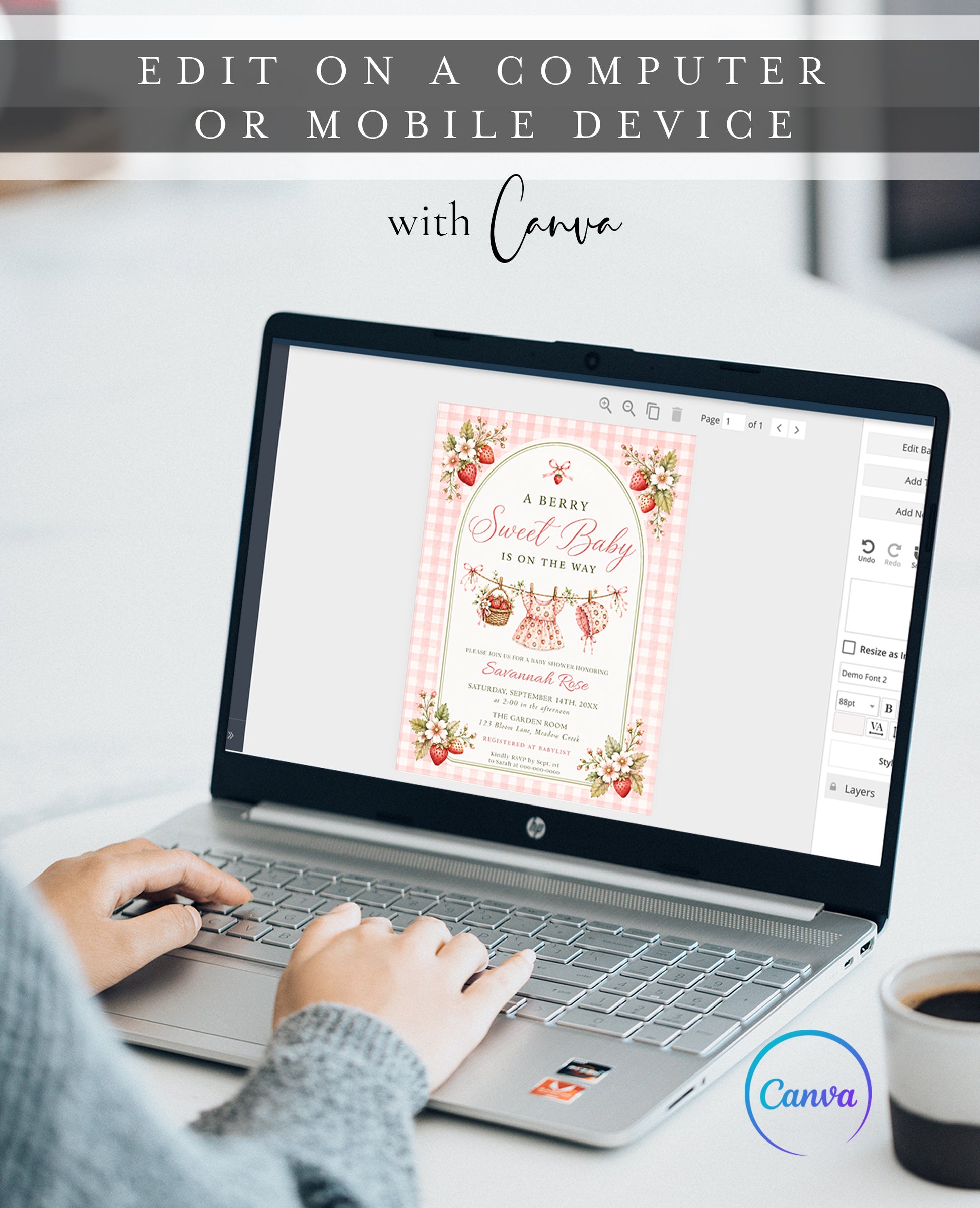 Editable strawberry baby shower invitation Canva template with watercolour strawberries, white blossoms, clothesline scene, and pink gingham background, shown with front and back of card