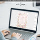 Editable baby in bloom wildflower baby shower invitation Canva template with watercolour roses, cosmos, lavender, and butterfly details framing a blush arch, shown with front and back of card