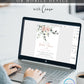Blush floral and greenery bridal shower invitation template with watercolor roses and eucalyptus botanicals and rose gold calligraphy script, editable in Canva
