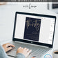 30th birthday invitation template with oversized gold calligraphy script on rich navy blue background, editable in Canva