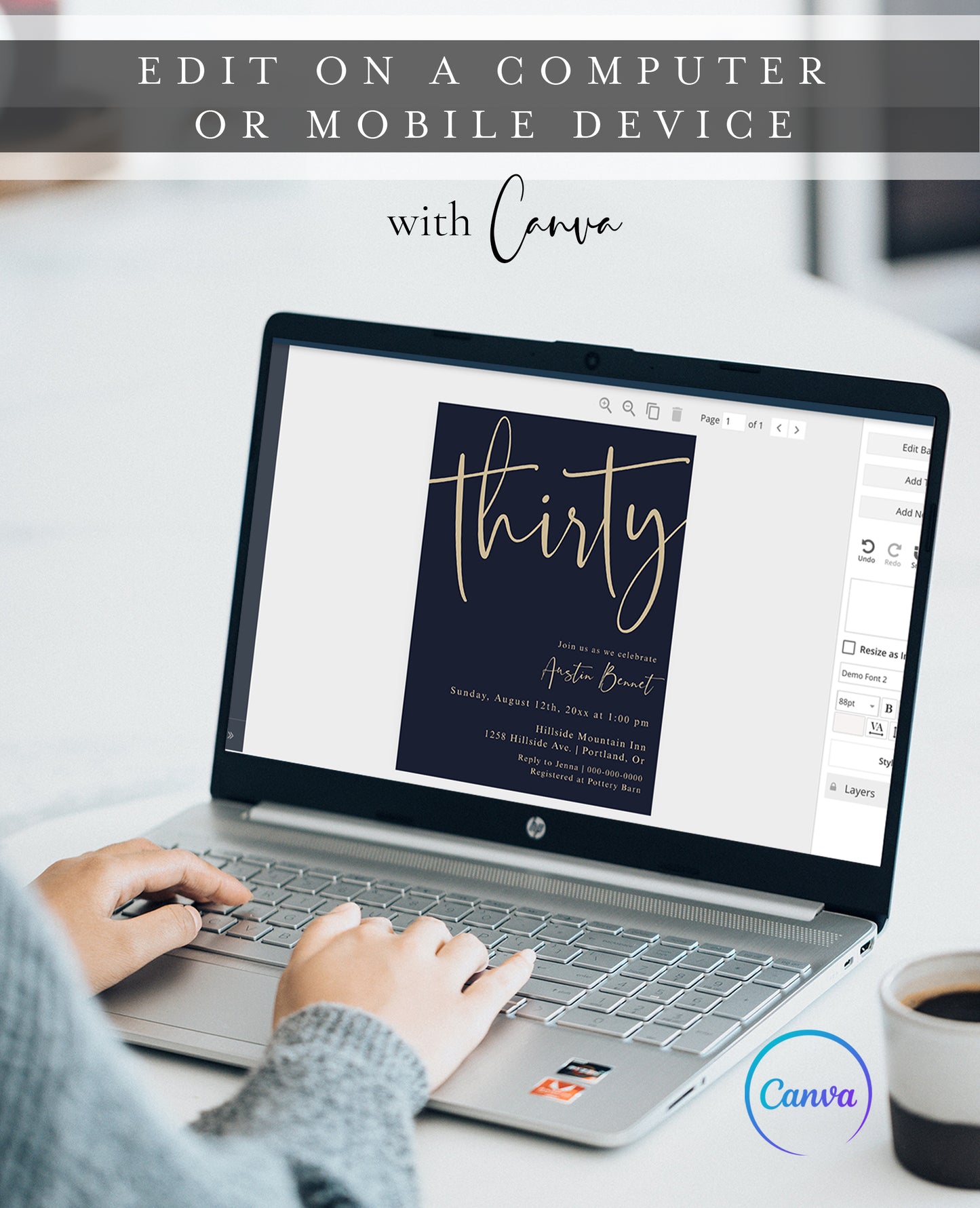 30th birthday invitation template with oversized gold calligraphy script on rich navy blue background, editable in Canva