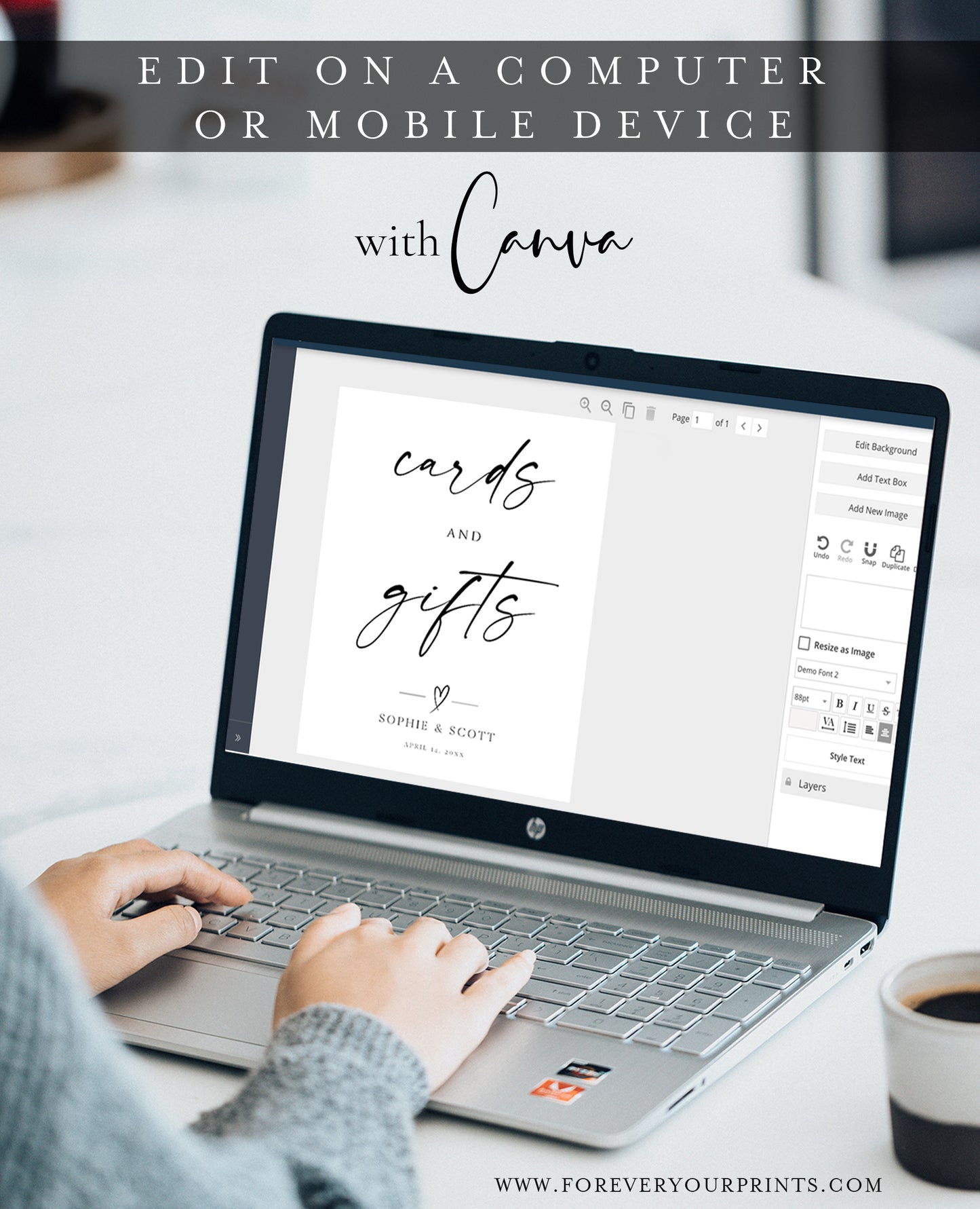 Minimalist black and white wedding cards and gifts sign template with oversized calligraphy script and elegant typography, editable in Canva