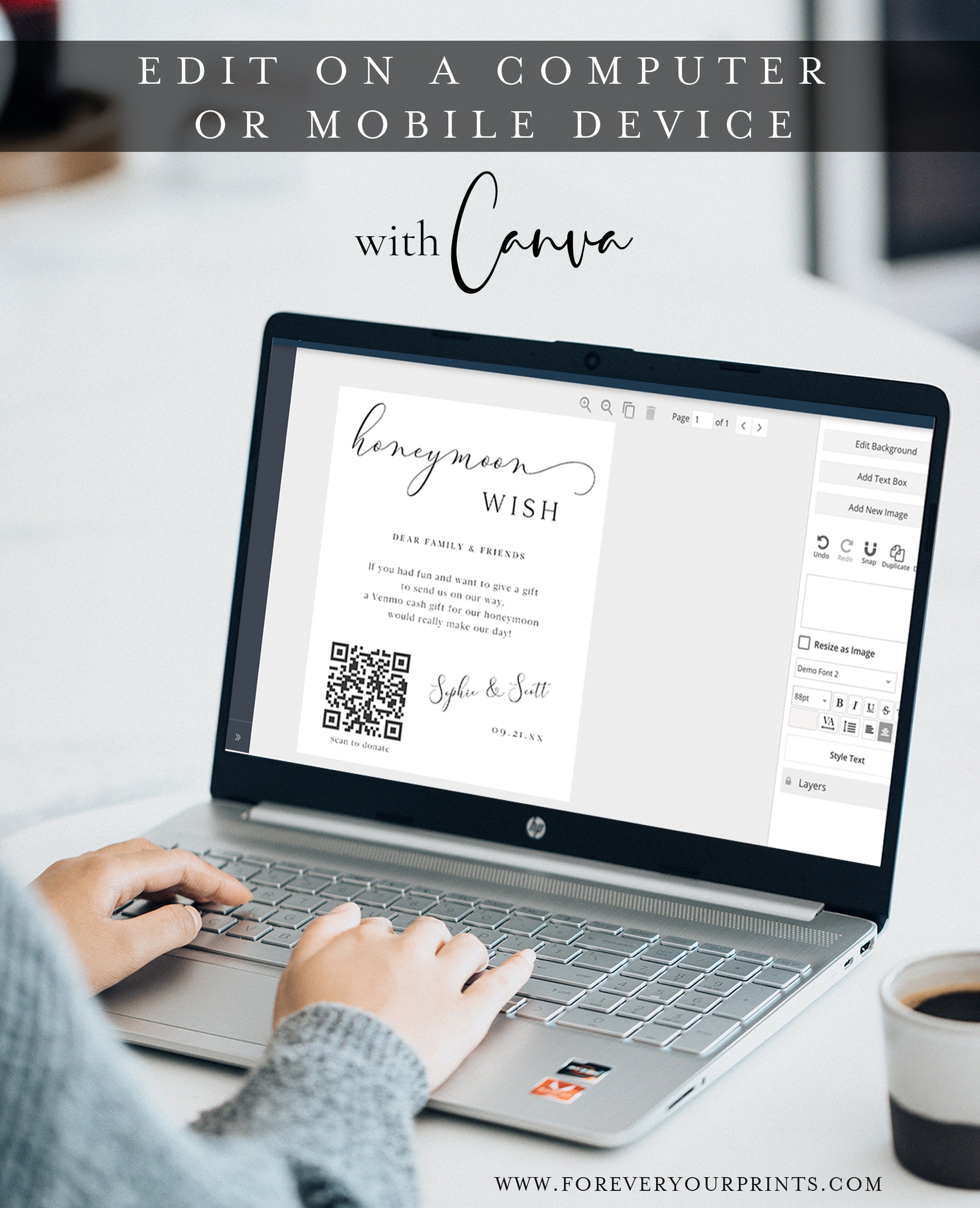Minimalist black and white honeymoon wish sign template with calligraphy script and QR code placeholder for Venmo, editable in Canva