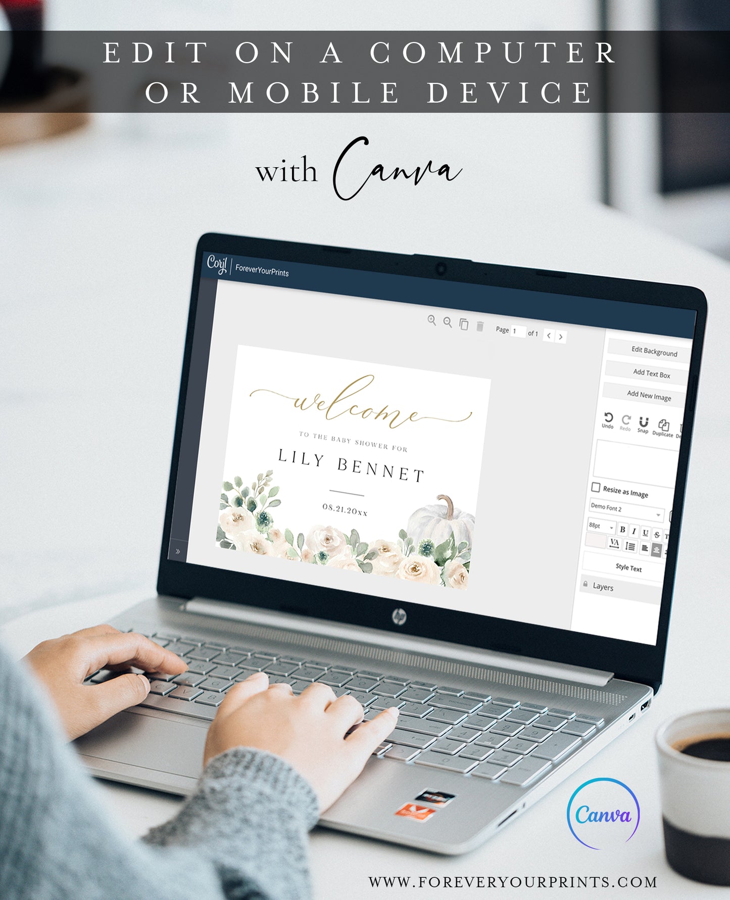 White pumpkin floral baby shower welcome sign template with watercolor roses, sage greenery, and gold calligraphy script, editable in Canva