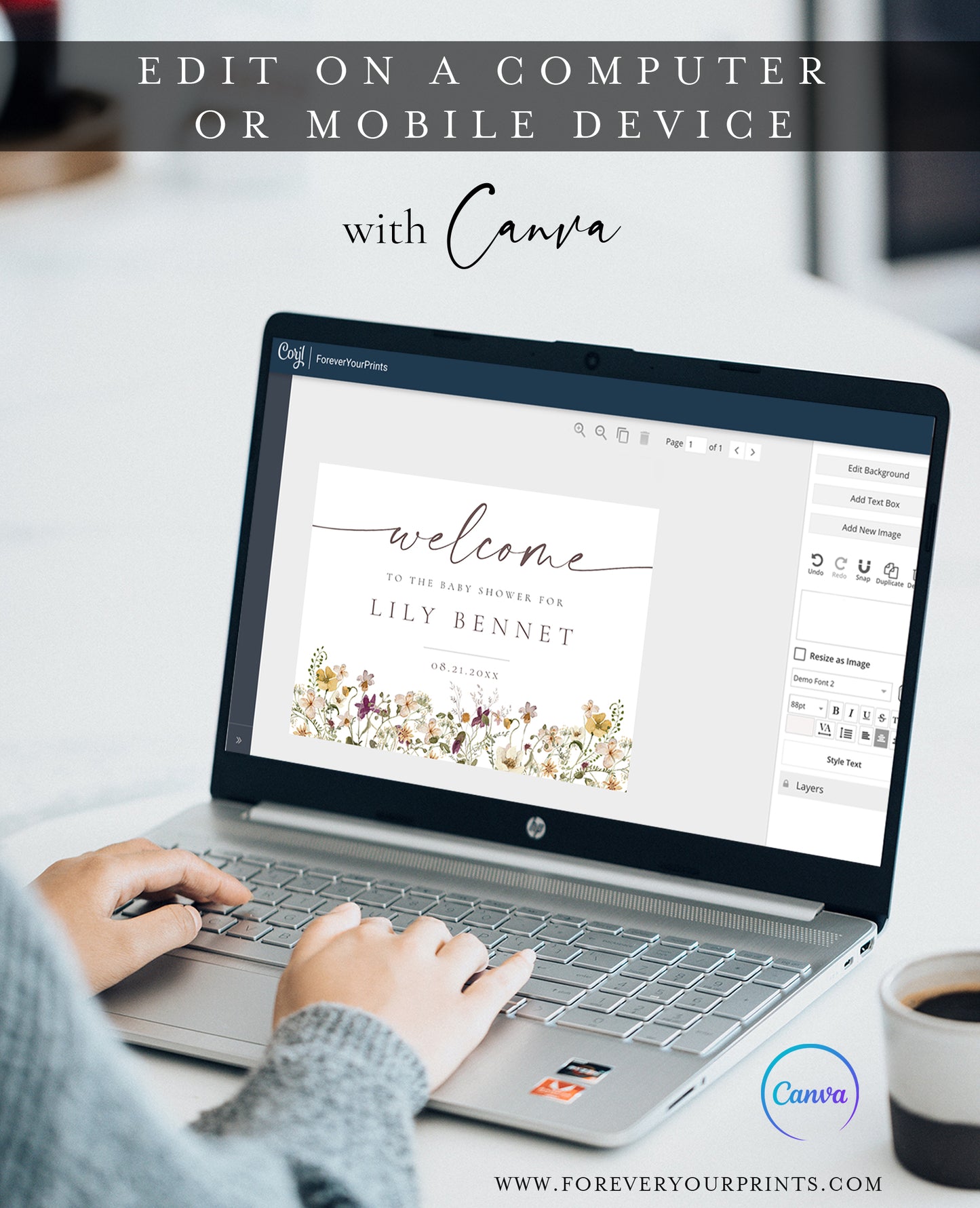 Horizontal wildflower baby shower welcome sign template with watercolor meadow flowers in yellow, purple, and cream, editable in Canva