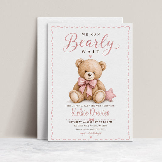 We can bearly wait baby shower invitation with watercolor teddy bear, pink bow, stitched star pillow, scalloped border, and soft pink baby girl details