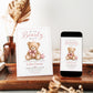 We can bearly wait baby shower invitation with watercolor teddy bear, pink bow, stitched star pillow, scalloped border, and soft pink baby girl details