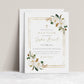 White magnolia and gold frame baptism invitation template with watercolor magnolia blooms and gold glitter border, editable in Canva