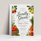 Locally grown baby shower invitation with garden vegetables, fruit, and a farm fresh crate in green, red, and orange