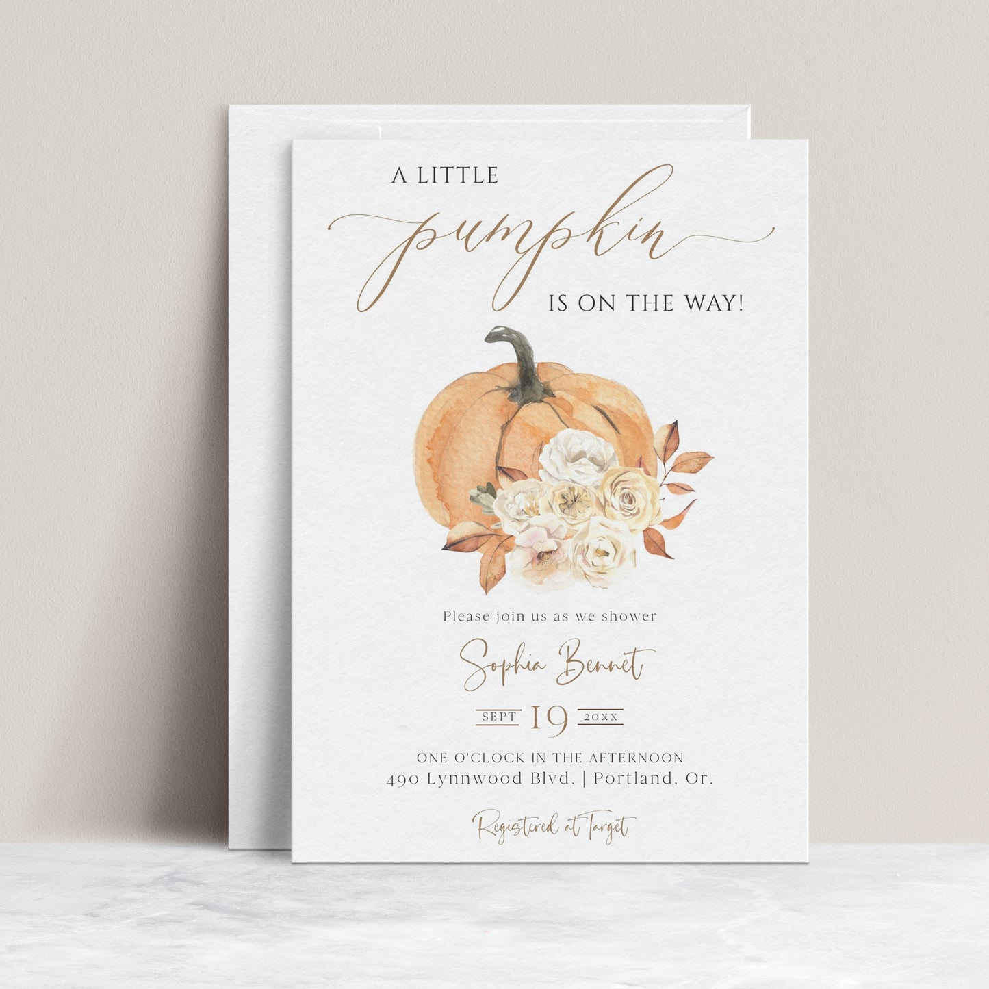 Little pumpkin fall baby shower invitation template with watercolor orange pumpkin, cream roses, and gold calligraphy script, editable in Canva