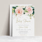 Pink ethereal floral baby shower invitation template with oversized blush roses, dark green botanicals, and gold calligraphy script, editable in Canva