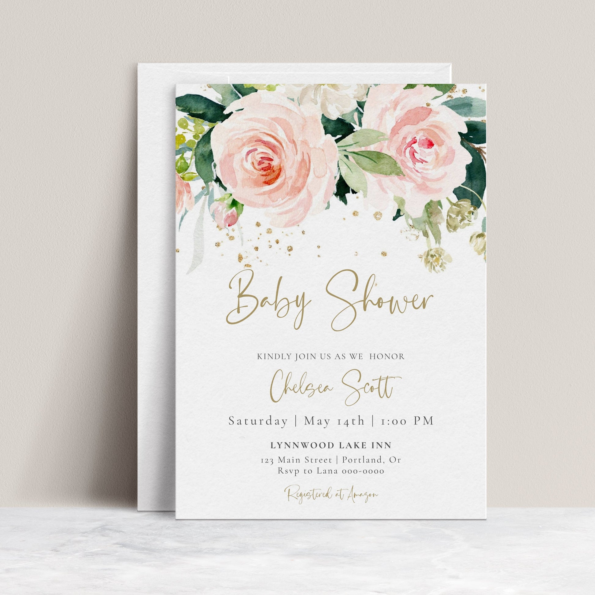 Pink ethereal floral baby shower invitation template with oversized blush roses, dark green botanicals, and gold calligraphy script, editable in Canva