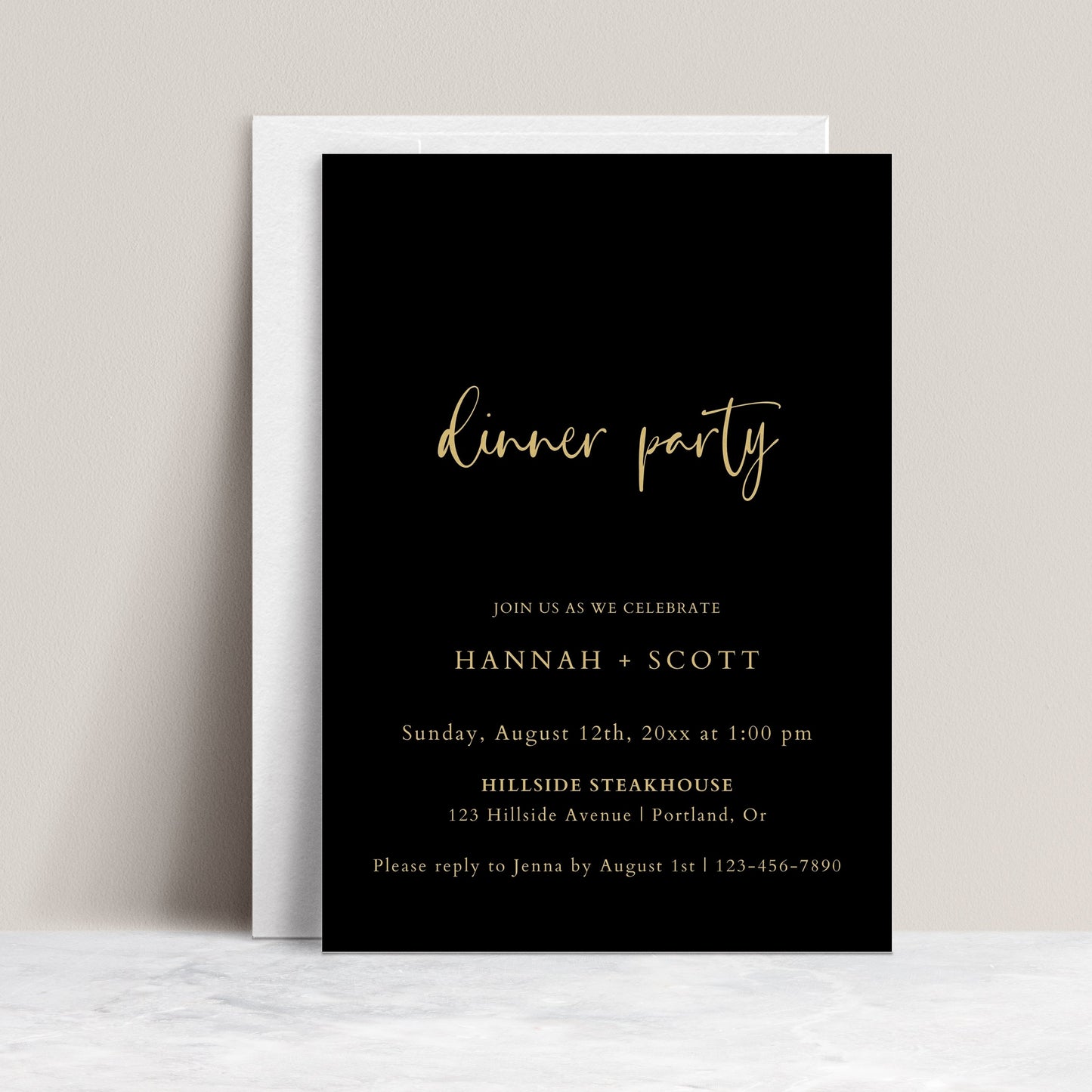 Black and gold dinner party invitation template with gold calligraphy script and elegant typography on black background, editable in Canva