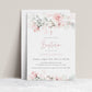 
Blush pink floral girl baptism invitation template with watercolor roses, sage greenery, and rose gold cross, editable in Canva