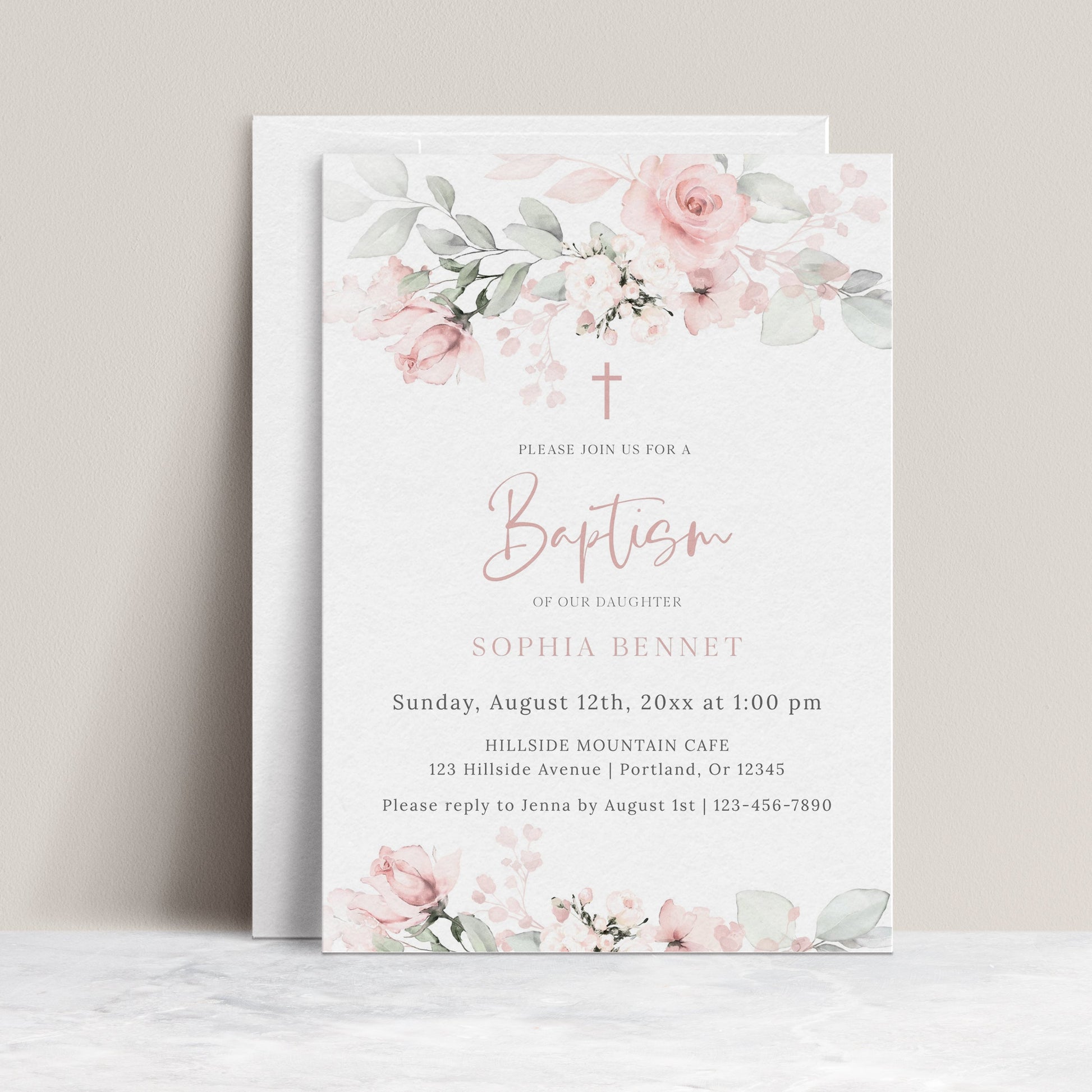
Blush pink floral girl baptism invitation template with watercolor roses, sage greenery, and rose gold cross, editable in Canva
