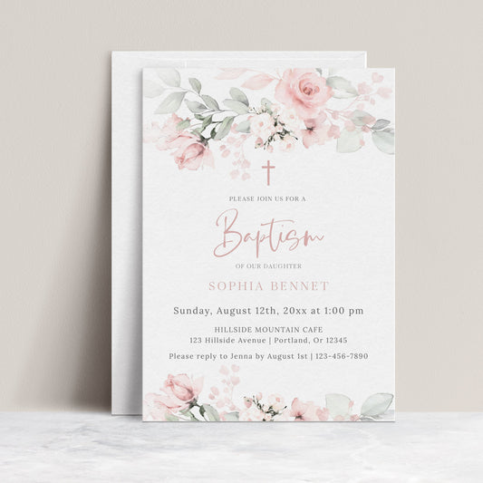 
Blush pink floral girl baptism invitation template with watercolor roses, sage greenery, and rose gold cross, editable in Canva