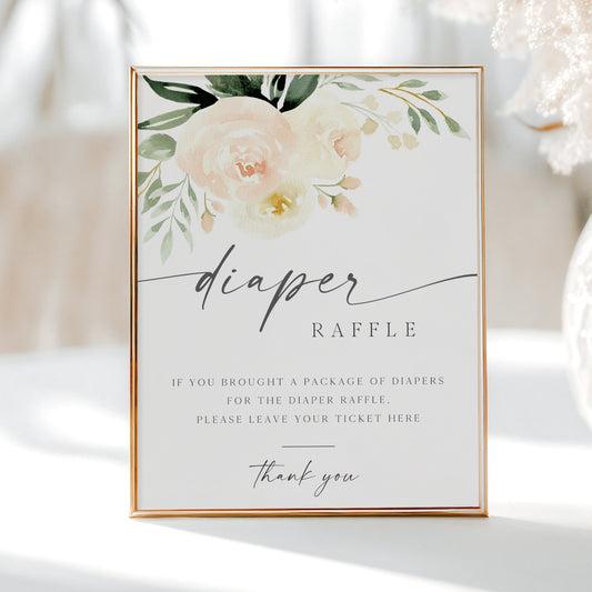 Peach floral baby shower diaper raffle sign template with watercolor peach roses and sage greenery botanicals, editable in Canva