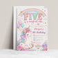 Unicorn fifth birthday invitation featuring a pastel rainbow, smiling clouds, balloons, gold stars, colourful flowers and a floral unicorn.
