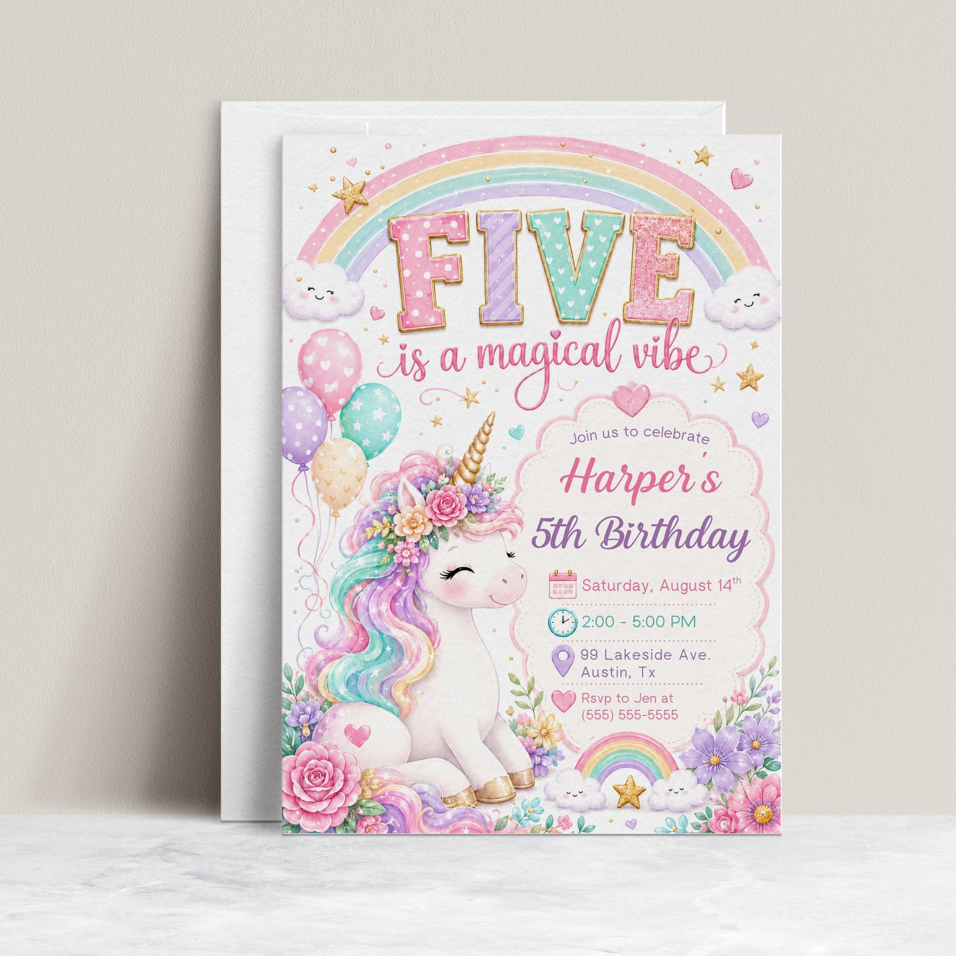 Unicorn fifth birthday invitation featuring a pastel rainbow, smiling clouds, balloons, gold stars, colourful flowers and a floral unicorn.
