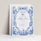 Blue toile baby shower invitation with ornate floral frame, bow, baby carriage, rocking horse, countryside scene, and elegant royal blue vintage details