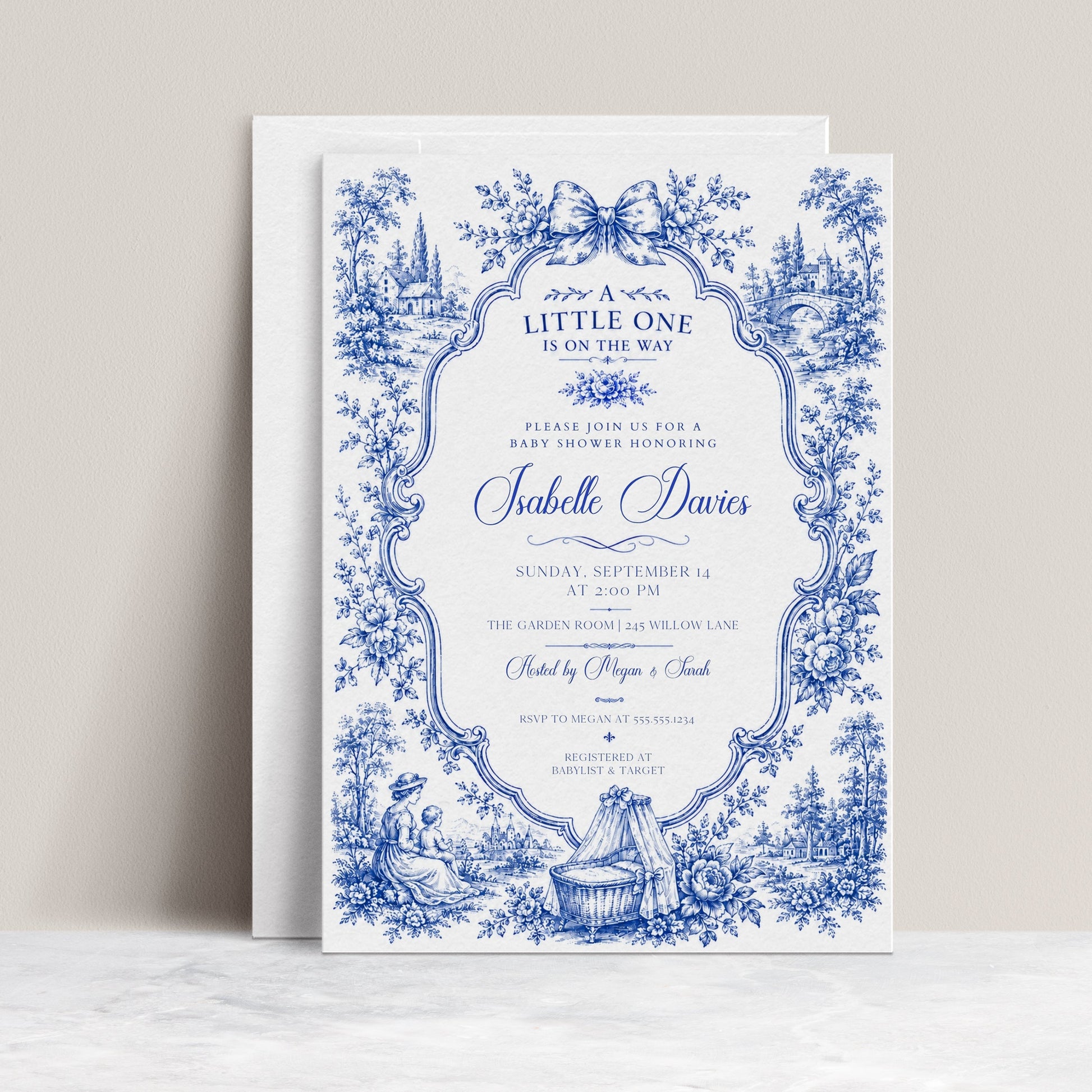 Blue toile baby shower invitation with ornate floral frame, bow, baby carriage, rocking horse, countryside scene, and elegant royal blue vintage details