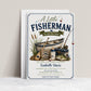 Fishing baby shower invitation with a rowboat, tackle box, and bass fish in navy and green