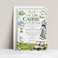 Editable golf baby shower invitation Canva template with illustrated smiling golf ball, golf bag, saddle shoes, golf cart, gingham cap, and fairway scene in forest green and white