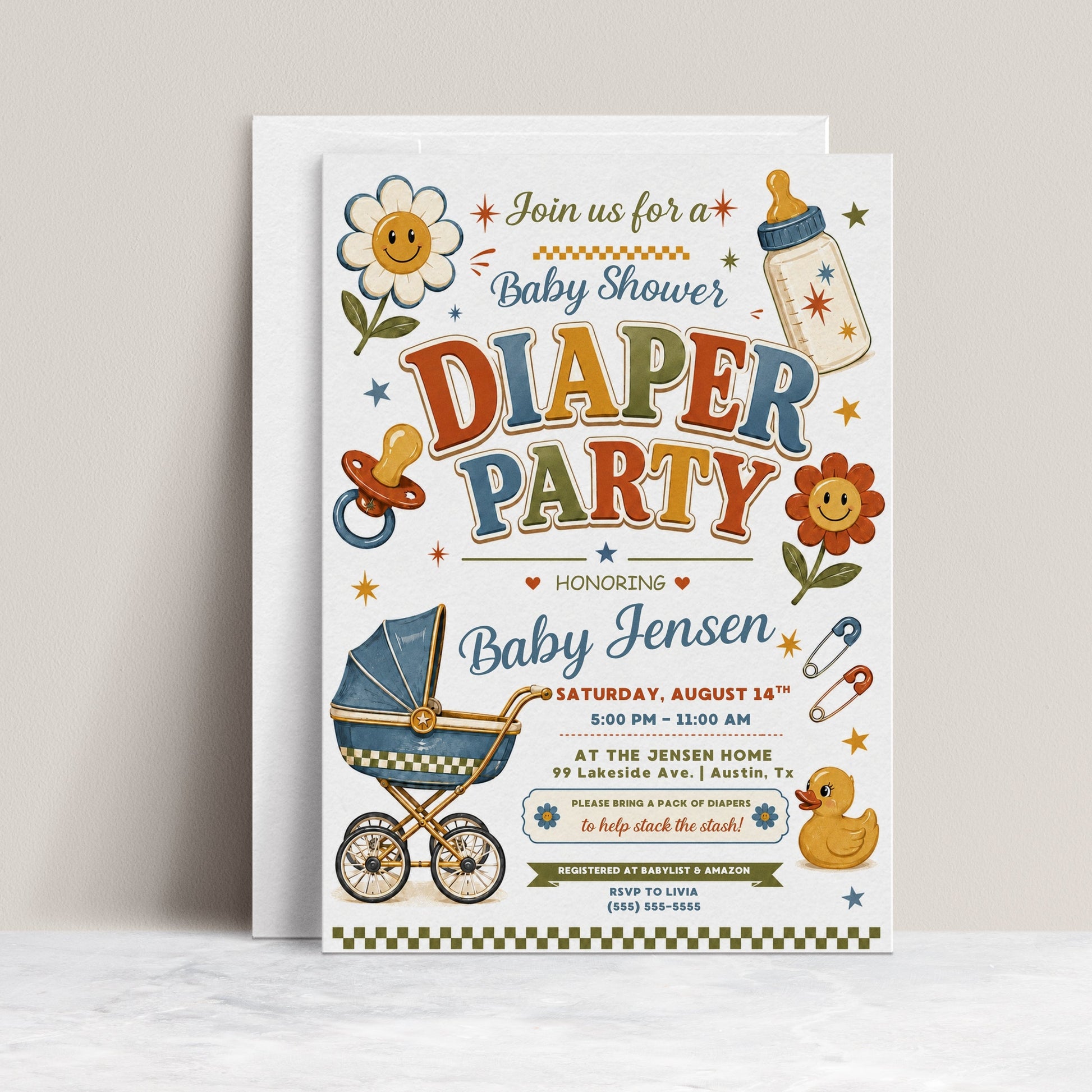 Diaper party baby shower invitation with retro stroller, baby bottle, pacifier, rubber duck, smiley flowers, and checkerboard baby boy shower details