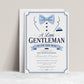 Little gentleman baby shower invitation with blue bow tie, tuxedo shirt details, navy buttons, pocket square, mustache, ribbon banner, and elegant baby boy design