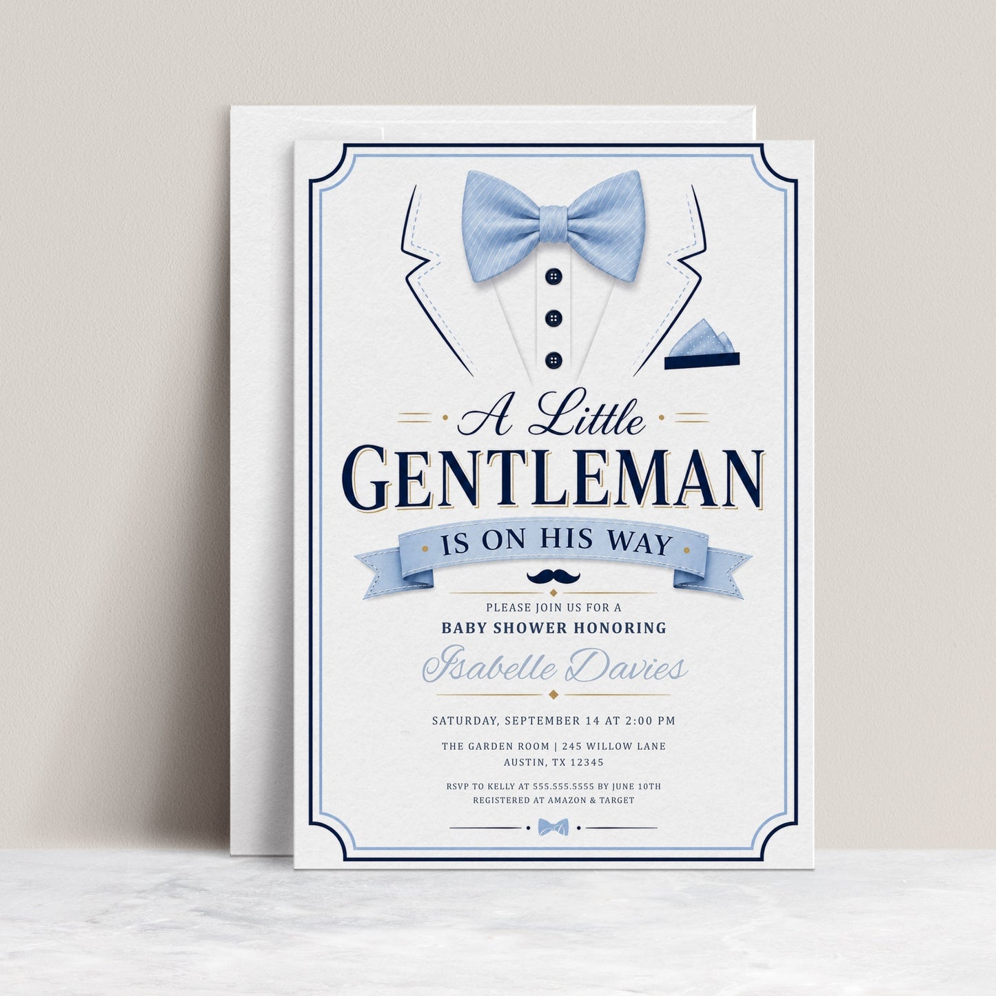 Little gentleman baby shower invitation with blue bow tie, tuxedo shirt details, navy buttons, pocket square, mustache, ribbon banner, and elegant baby boy design