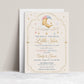 Moon and stars gender reveal invitation with a sleeping moon, clouds, and hanging stars in pink, blue, and gold