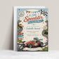 Race car baby shower invitation featuring a teddy bear driving a vintage race car, winding racetrack, checkered flag, stars and baby pit stop signs.
