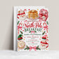North Pole Breakfast invitation with Santa mugs, stacked pancakes, candy canes, Christmas pajamas, elf hats, pink bows, evergreen sprigs, and festive holiday party details