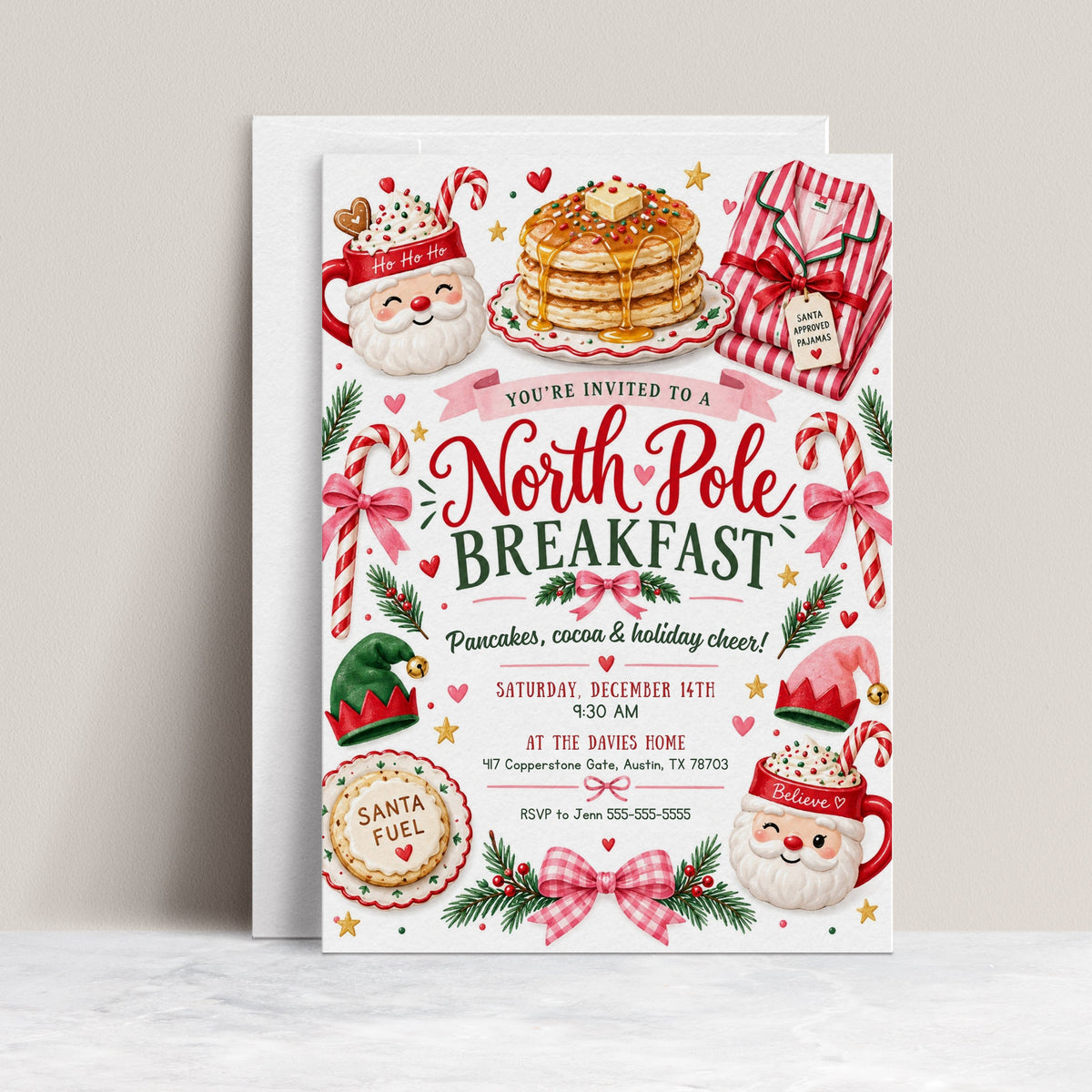 North Pole Breakfast invitation with Santa mugs, stacked pancakes, candy canes, Christmas pajamas, elf hats, pink bows, evergreen sprigs, and festive holiday party details