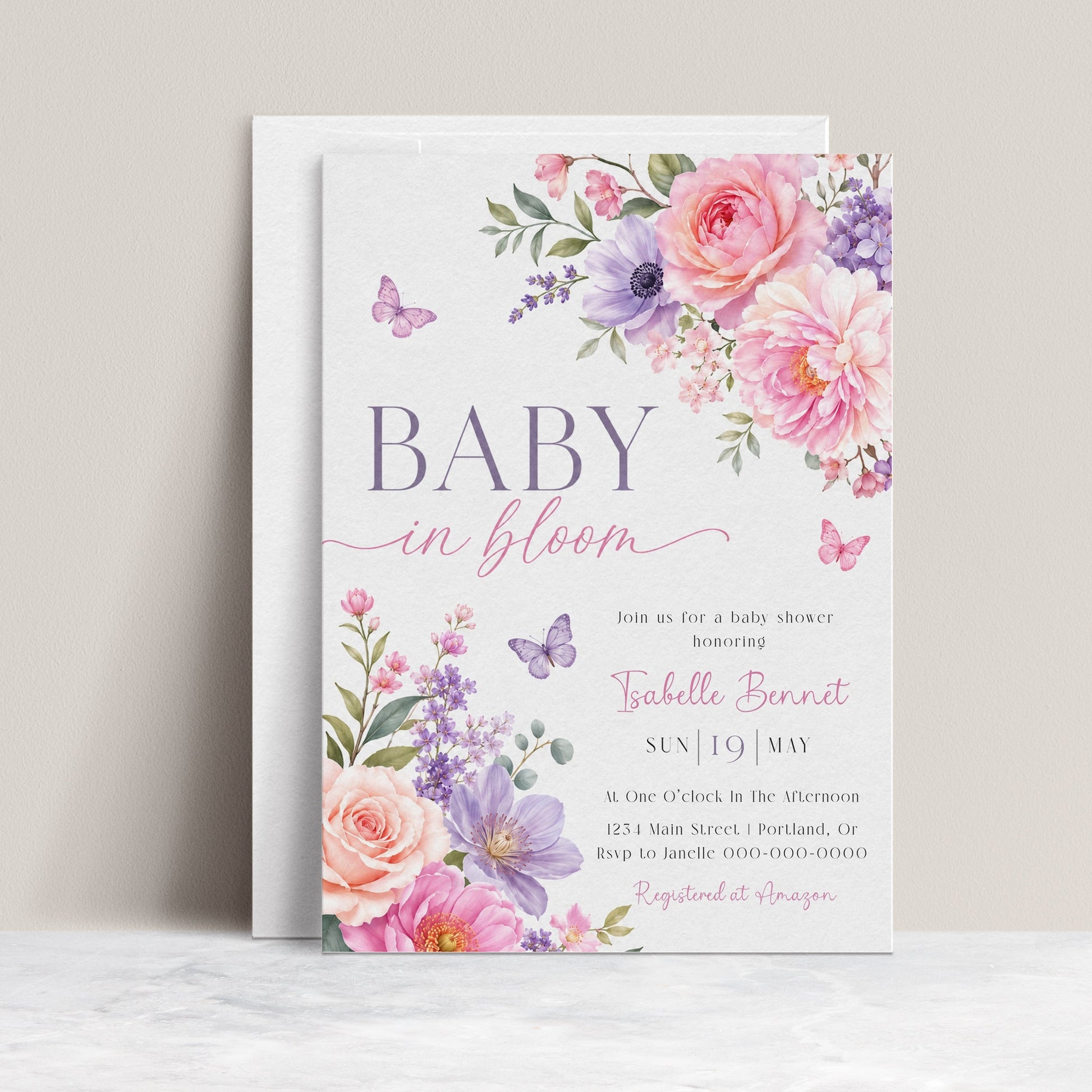 Editable baby in bloom butterfly baby shower invitation Canva template with watercolour peonies, roses, anemones, lavender, and purple and pink butterflies on a soft white background