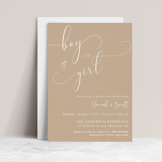 Boy or girl gender reveal invitation with elegant script lettering on a soft beige background