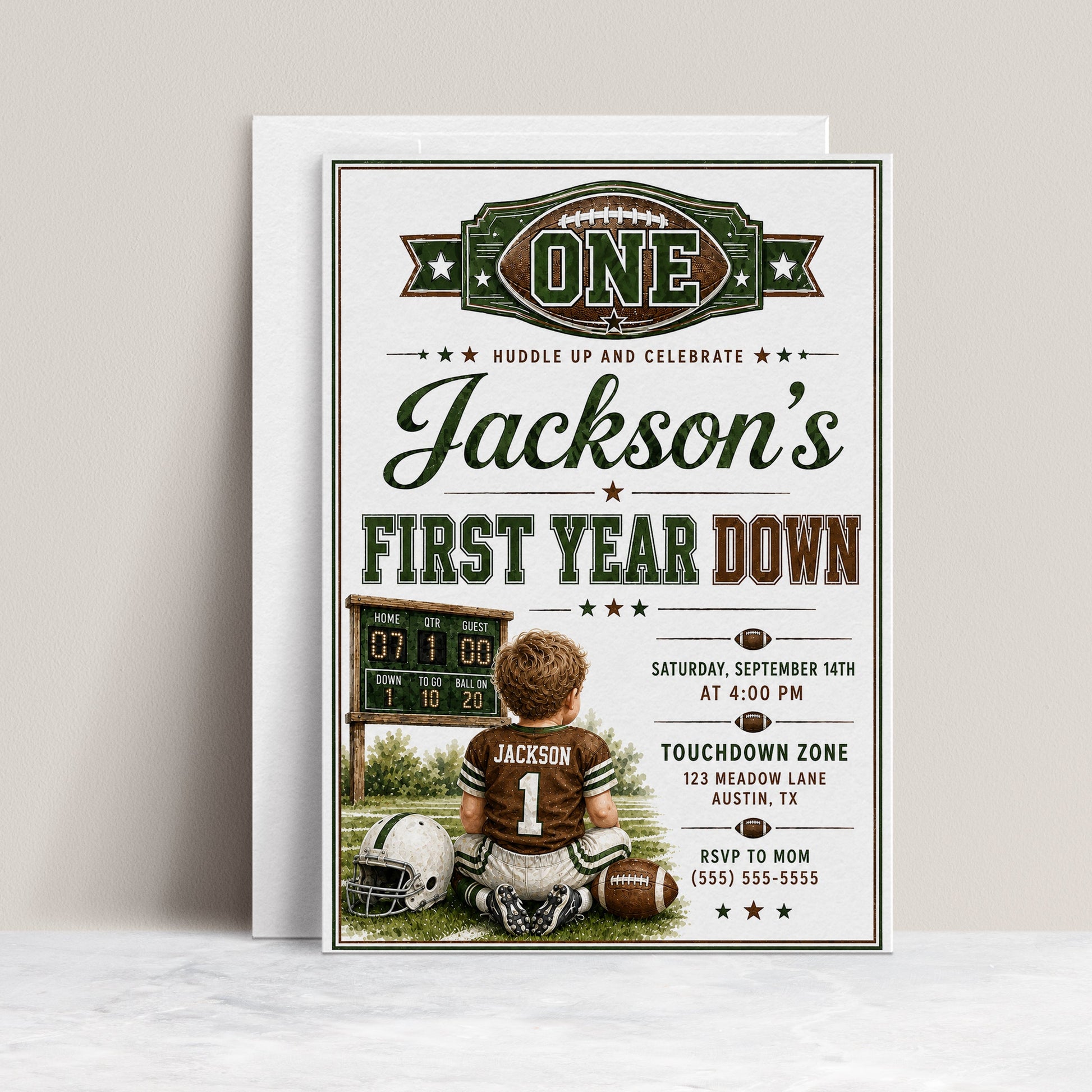 First Year Down first birthday invitation with little football player, scoreboard, helmet, football, and green brown football party details