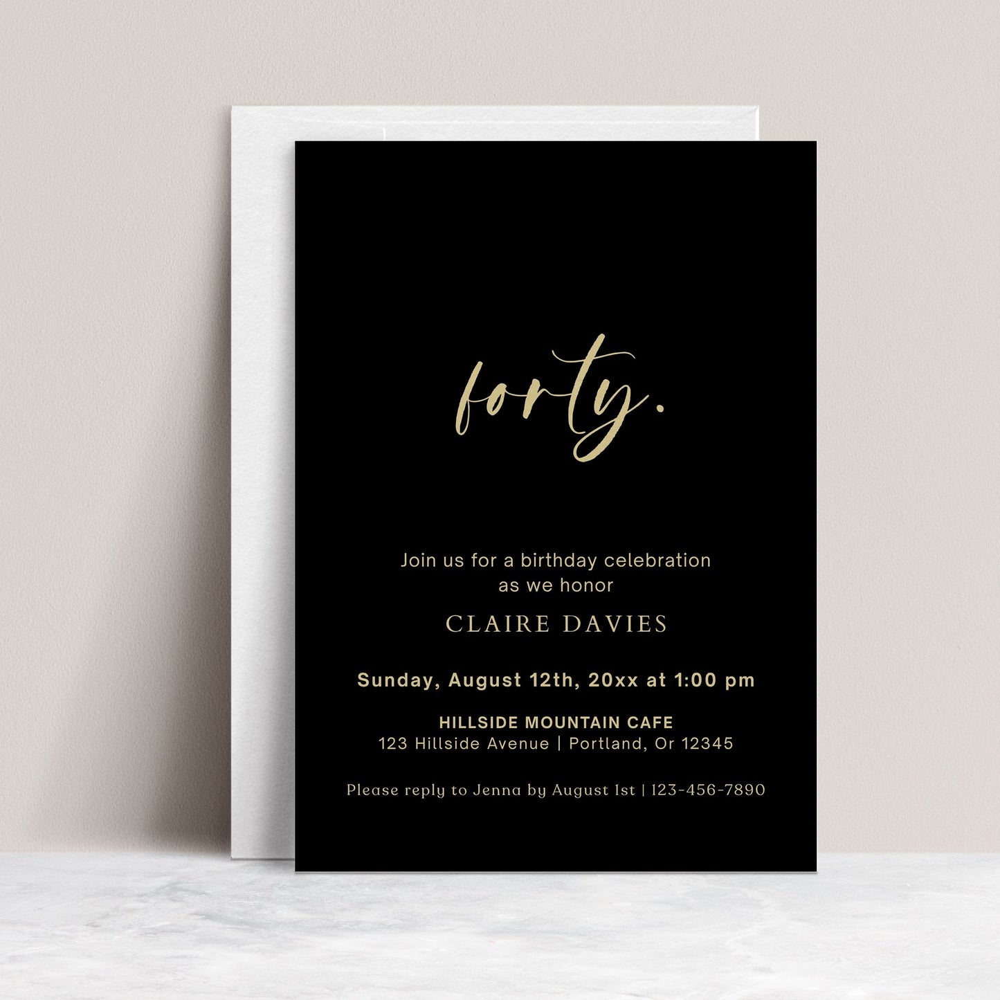 Elegant black and gold 40th birthday invitation template with gold calligraphy script on black background, editable in Canva