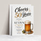 Beer 50th birthday invitation with frothy beer mug, hops, wheat, black and gold lettering, clean white background, and masculine milestone party details