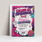 Girls superhero birthday invitation featuring a pink comic book design with cape, mask, city skyline, stars, lightning bolts and bold action graphics.
