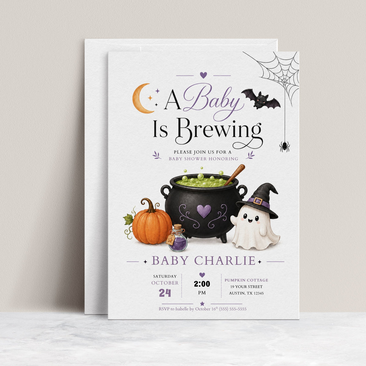 A Baby Is Brewing baby shower invitation with bubbling cauldron, pumpkin, potion bottle, ghost in witch hat, bat, crescent moon, and Halloween baby shower details