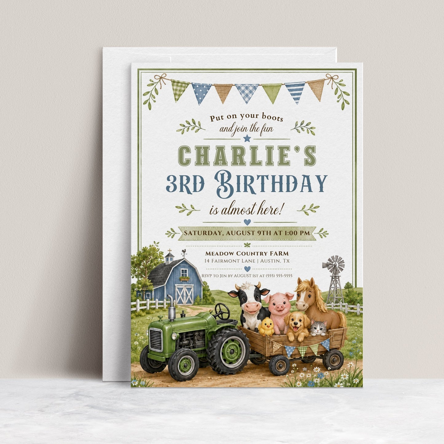 Tractor farm birthday invitation with a green tractor, wagon of farm animals, and blue barn in green and blue
