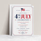 Editable 4th of July celebration invitation Canva template with waving American flag, bold red and navy display lettering, star accents, firework burst, and double border frame on a white background