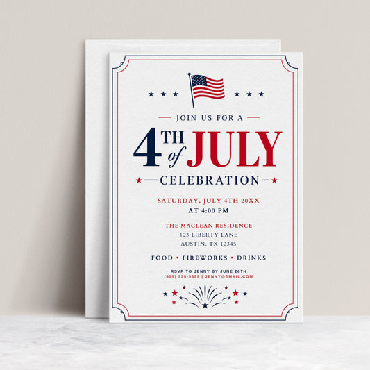Editable 4th of July celebration invitation Canva template with waving American flag, bold red and navy display lettering, star accents, firework burst, and double border frame on a white background
